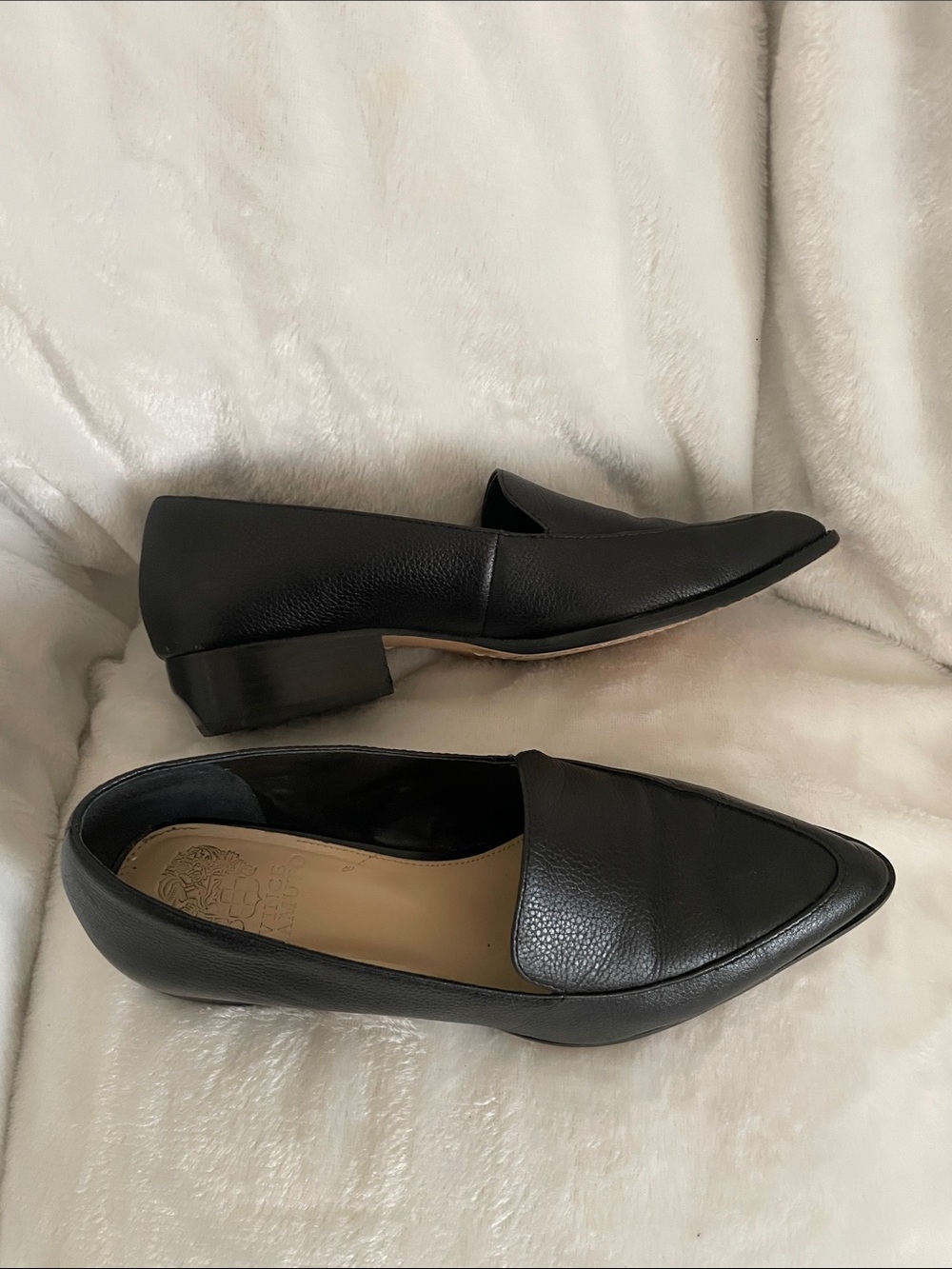 Vince Camuto Black Pointed Toe Leather Loafers with Block Heel - Picture 4 of 5